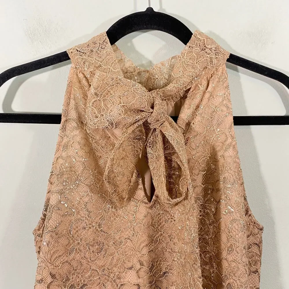 J Crew Women's Beige Metallic Lace Tie Neck Sleeveless Blouse Size S #AG852